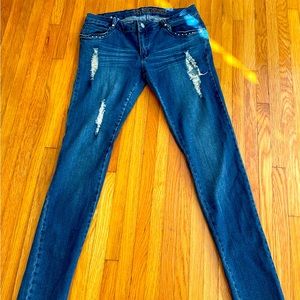 Krembo distressed ripped embellished rhinestone blue skinny jeans, size 13 boho